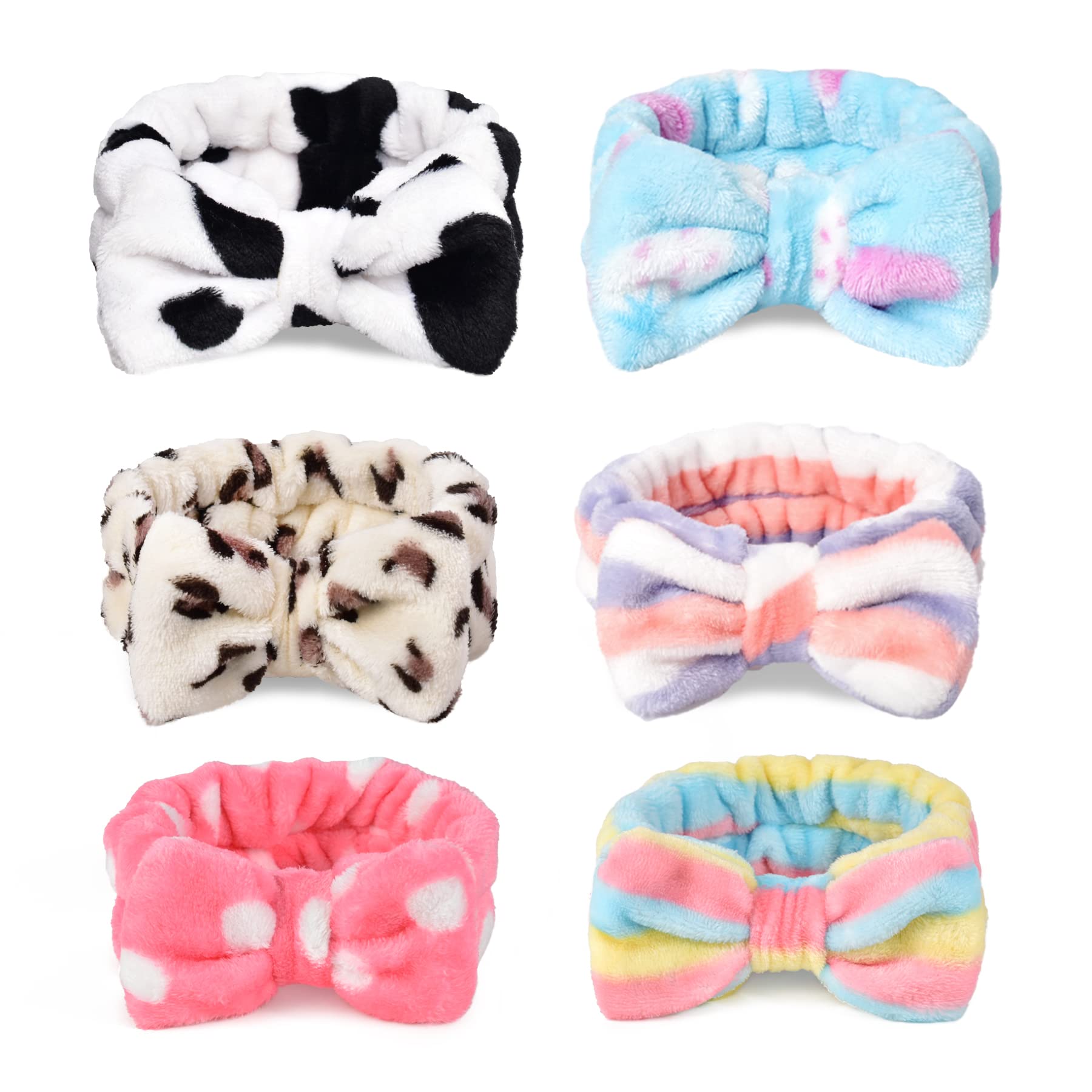 HUIANER Bowknot Headbands Makeup Headband Soft Coral Fleece Elastic Hair Bands for Spa Shower Mask and Washing Face for Woman Girls, Pack of 6