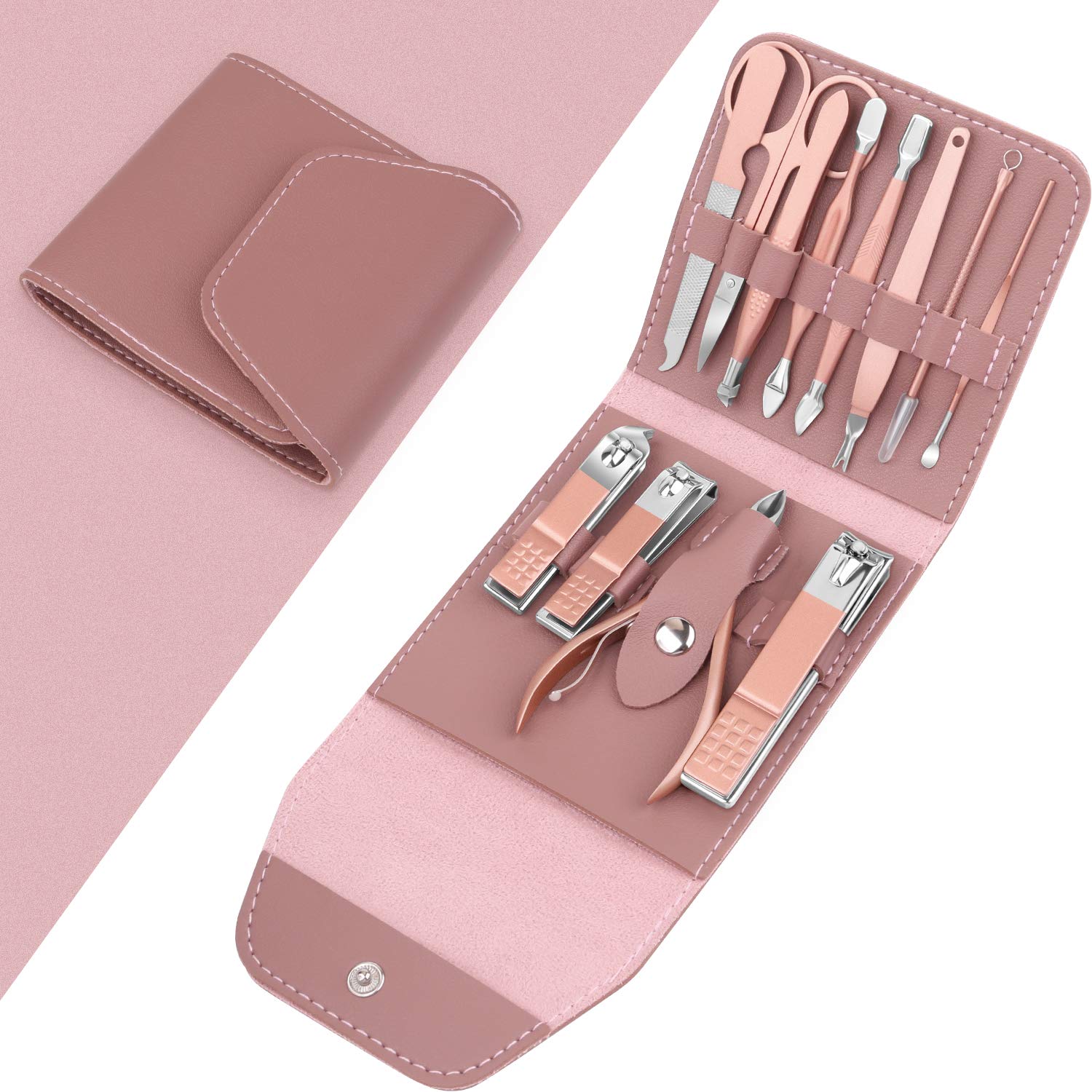 Teamkio 12PCS Manicure Set for Women, Stainless Steel Pink Nail Care Kit, Nail Grooming Kit with Leather Storage Case : Beauty