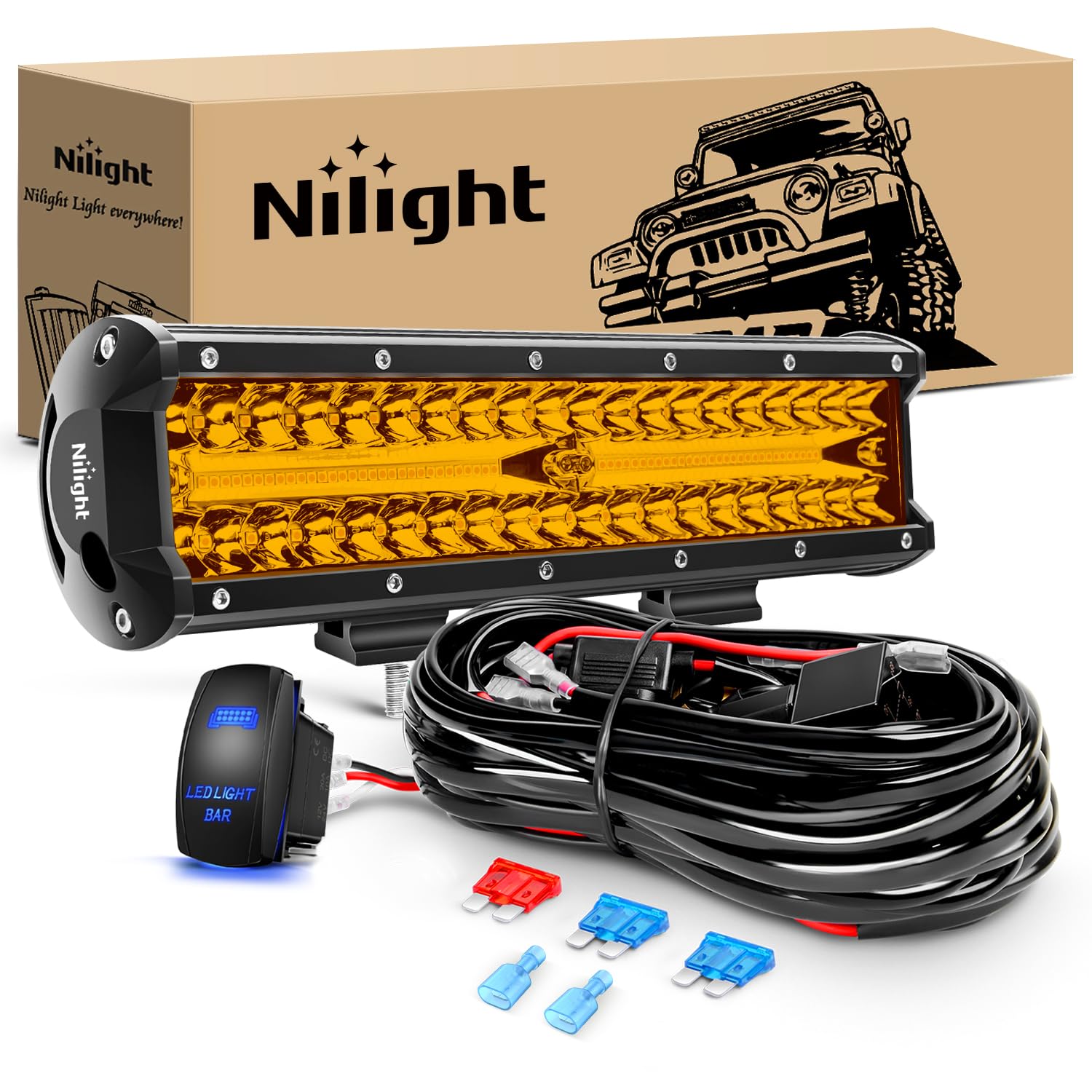 Nilight Led Light Bar 12 Inch Amber 300W Spot Flood Combo Waterproof Triple Rows Off Road Fog Light with 5Pin Rocker Switch Wiring Harness Kit-1 Lead