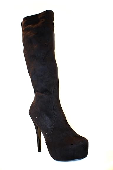 Erogance Wildleder Optik Plateau High Heels Kniestiefel Schwarz A3753/EU 36-46