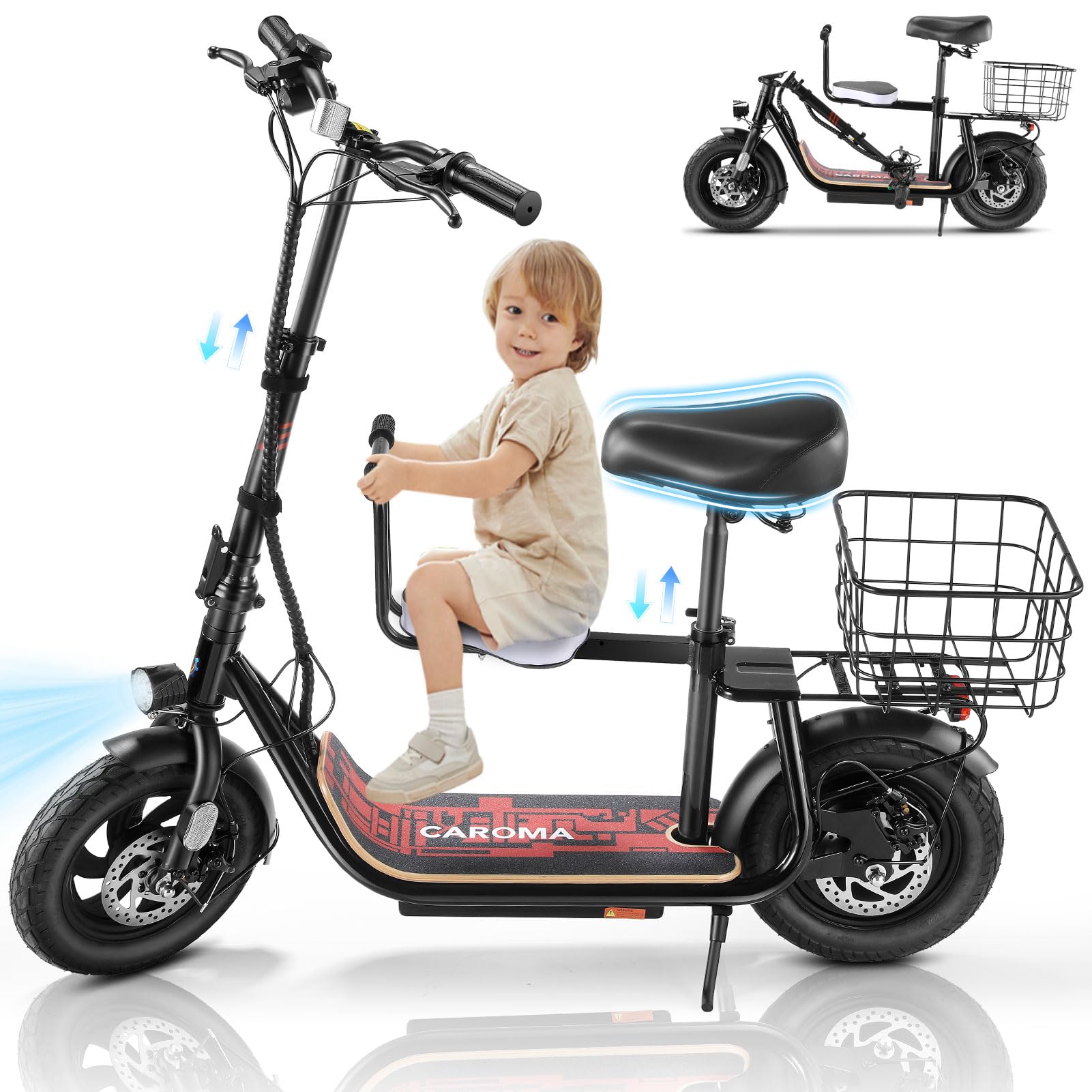 View 1 of **NO KEY/NO CHARGER OR POWER PLUG***Caroma 1200W Peak Electric Scooter with Seat, 30 Miles Max Range Electric Scooter for Adults&Teens, 20mph Top Speed Foldable Commuter Ebike, Adjustable E-Scooters with Basket