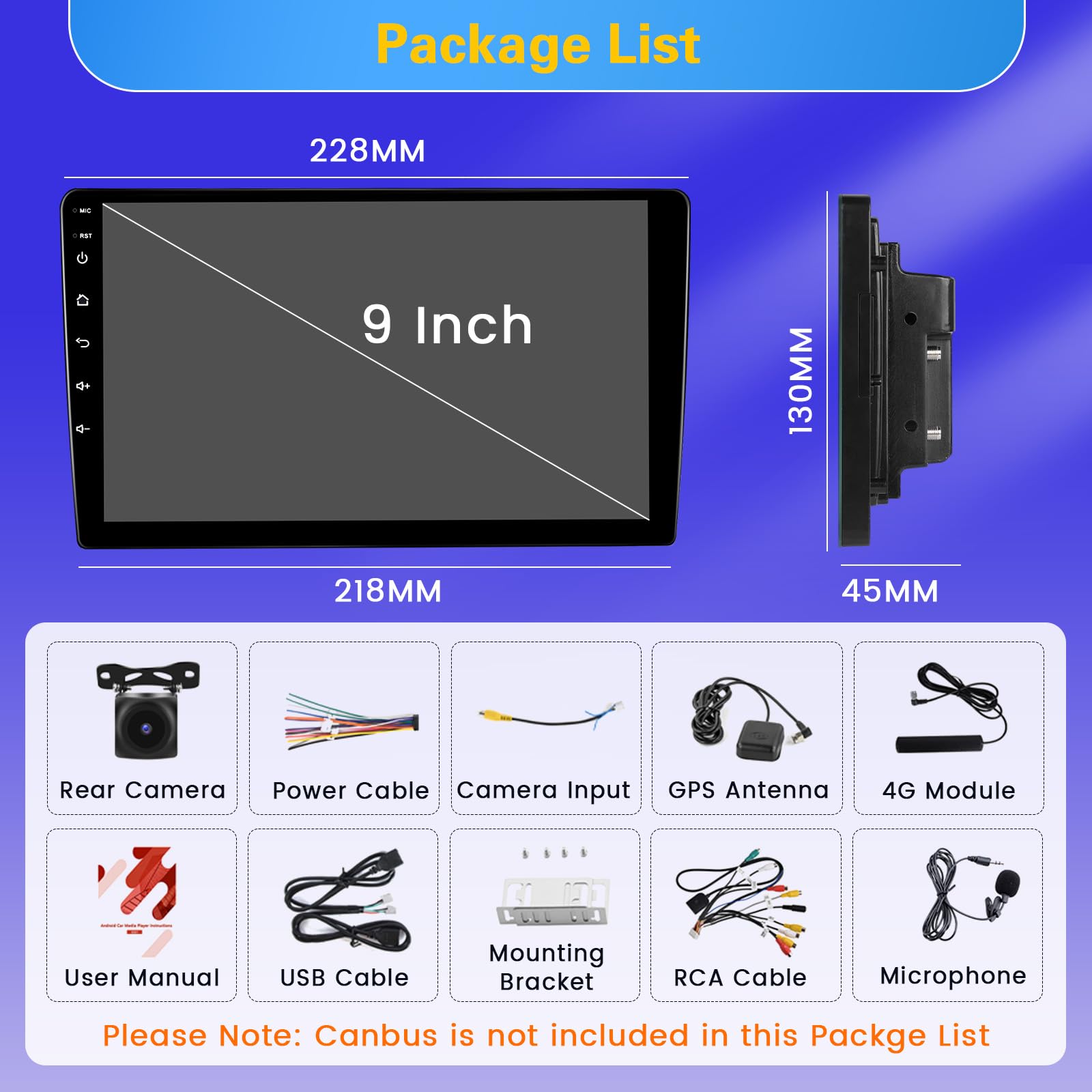 8 Core 4+64GB Android Car Stereo Double Din Wireless Carplay Android Auto, [Support SIM Card] 9 Inch Touch Screen Car Radio WiFi, GPS Bluetooth 5.0 AM/FM/RDS Mic Backup Camera EQ DSP