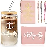 Domensi 6 Pcs Funny Lawyer Gifts Allegedly Essentials for Law School Student 16 oz Glass Cup Tumbler Makeup Bag Notepad Ballpoint for Women Valentine's Day Law Bar Study Paralegal Attorney(Pink)