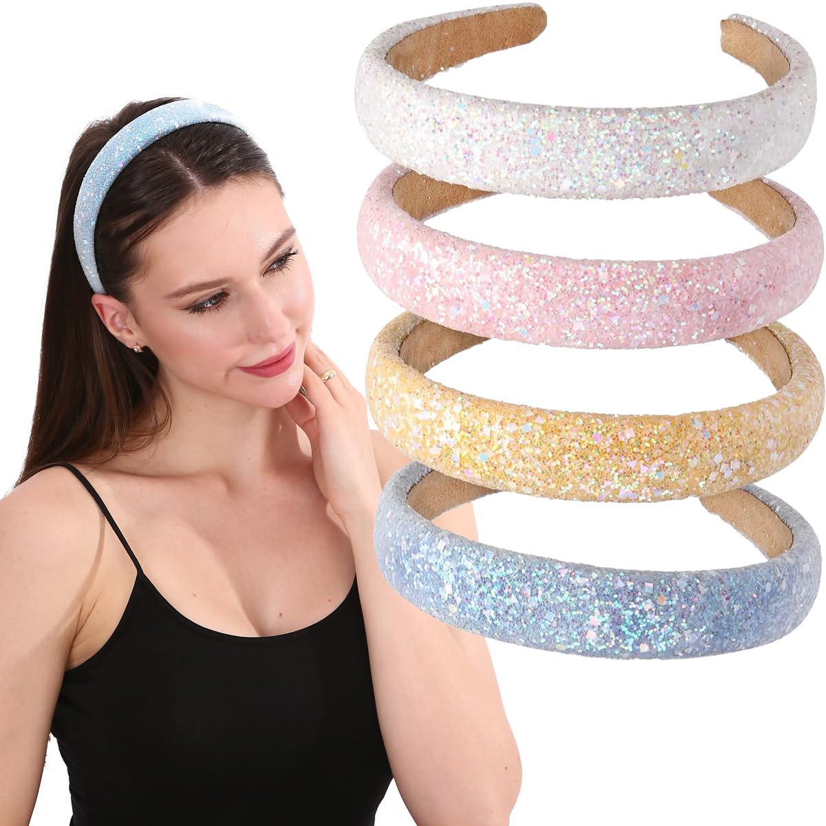 LONEEDY 4 PCS Glitter Beaded Sequins Sparkly 1.3-Inch Wide Hard Headbands for Girls and Women, Cute Hair Bands (Glitter（Sky blue + yellow + pink + white）)
