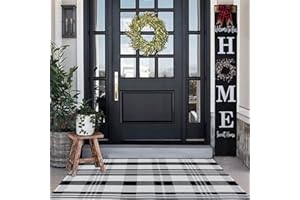 CAINANEL Buffalo Plaid Outdoor Rug Black and White Check Rug 35.4'' x 59'' Cotton Hand-Woven Checkered Front Welcome Door Mat Indoor/Outdoor Area Rug for Front Porch,Kitchen,Entry Way,Living Room
