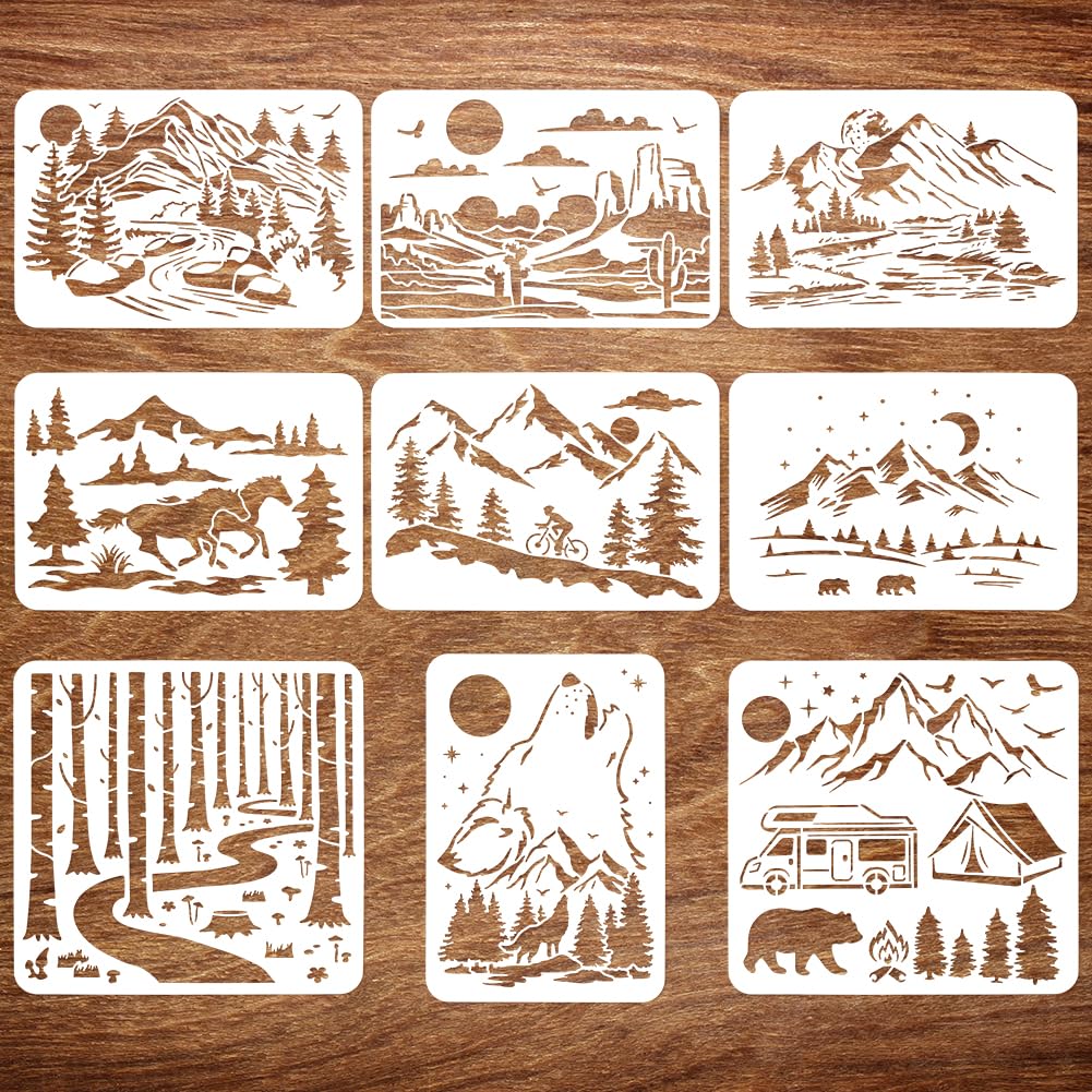 FINGERINSPIRE 9pc Landscape Painting Stencil Set - Large 21x29.7cm & 30x30cm Mountains, Woods, Wolves, Horses, Houses, Cars, Bears, Human Nature Themes for DIY Wood Floor Tile Spraying
