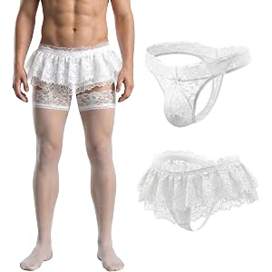 Egrodia Men's Lace Outfit Set – 3 Pcs Mesh Skirt Thong Panties Stockings Low Rise Lingerie for Men Lightweight Costume