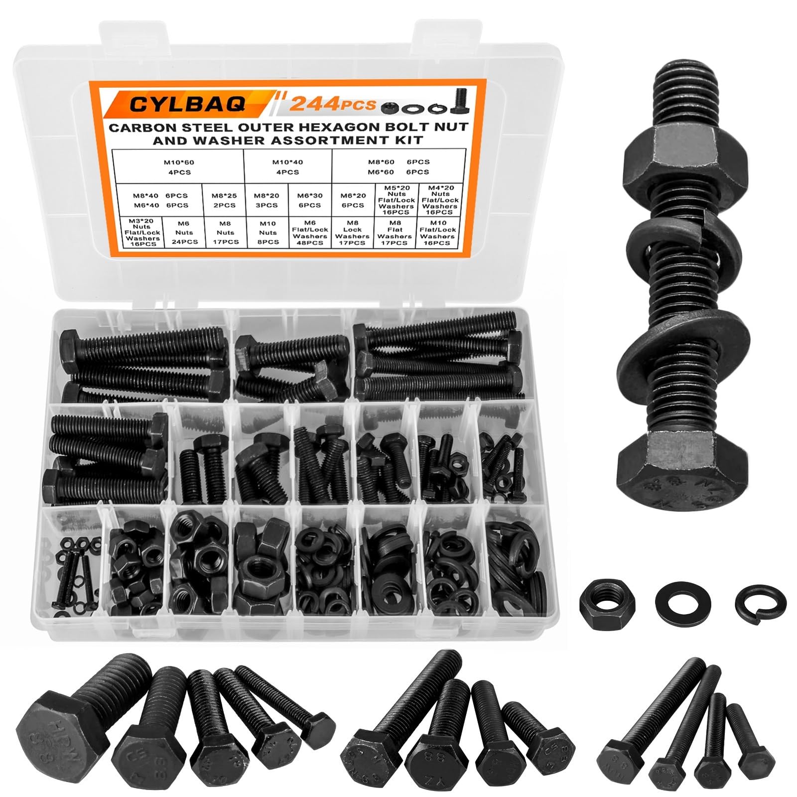 CYLBAQ M3-M10 Hex Bolts and Nuts Set, 244PCS Carbon Steel Outer Hexagon Bolts, Machine Screws, Nuts, Flat Washers & Lock Washers