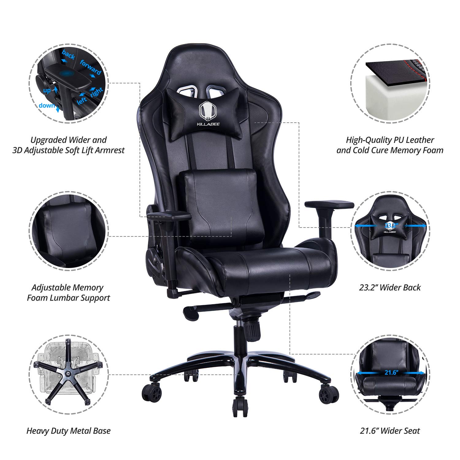 KILLABEE Big And Tall Gaming Chair With Metal Base Ergonomic Leather