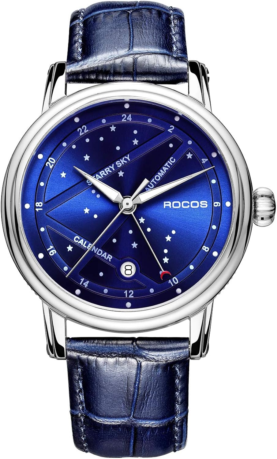 ROCOS Automatic Watch for Men North Star Moon Luminous 24H Sapphire Mirror Genuine Leather - R0108
