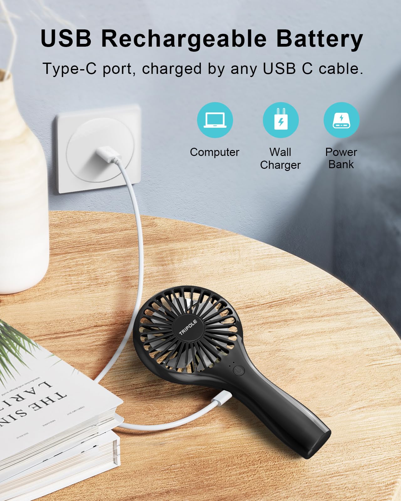 TriPole Handheld Mini Fan Battery Operated Small Personal Portable Fans Speed Adjustable USB Rechargeable Fan for Kids Girls Women Men Home Office Indoor Outdoor Travelling, Black