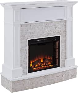 SEI Furniture Jacksdale Electric Fireplace - Faux Stone Media Console With Hidden Shelf, White