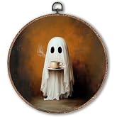 Lengues Vintage Ghost Drinking Coffee Halloween Round Wall Art Decor, Spooky Halloween Round Wall Decor, Dark Academia Canvas Framed Art Prints, Autumn Ghosts Hanging Frame for Kitchen 10x10 Inch
