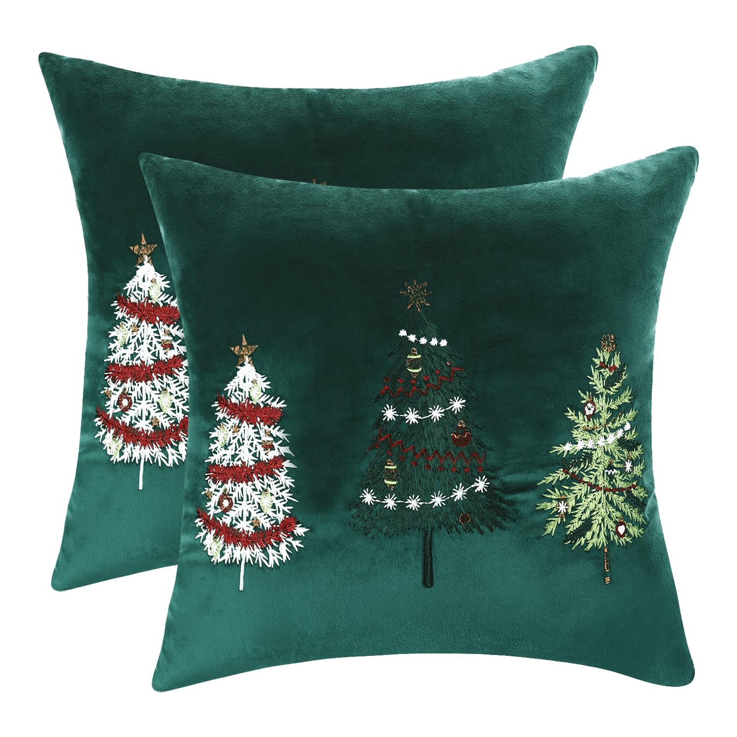 Tosleo Christmas Throw Pillow Cover 18 x 18 inch Set of 2 Green Christmas Tree Velvet Pillow case Party Decorations Embroidery Pillowcase Winter Holiday Cushion Case
