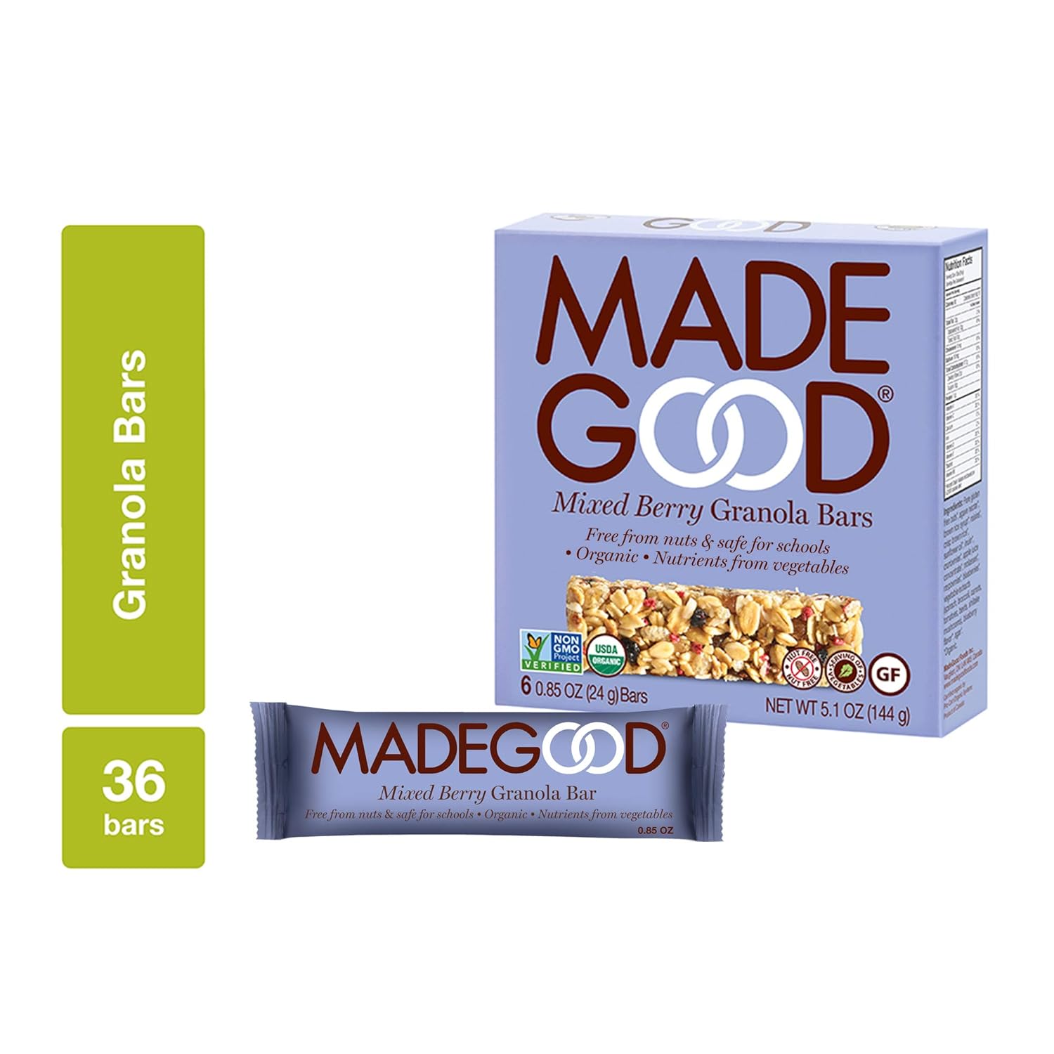 MadeGood Mixed Berry Organic Granola Bars [Allergy-Friendly, Nut-Free, Gluten-Free; Vegan and Non-GMO Certified; Nutrients Equal to a Serving of Vegetables; Ethically-Sourced]