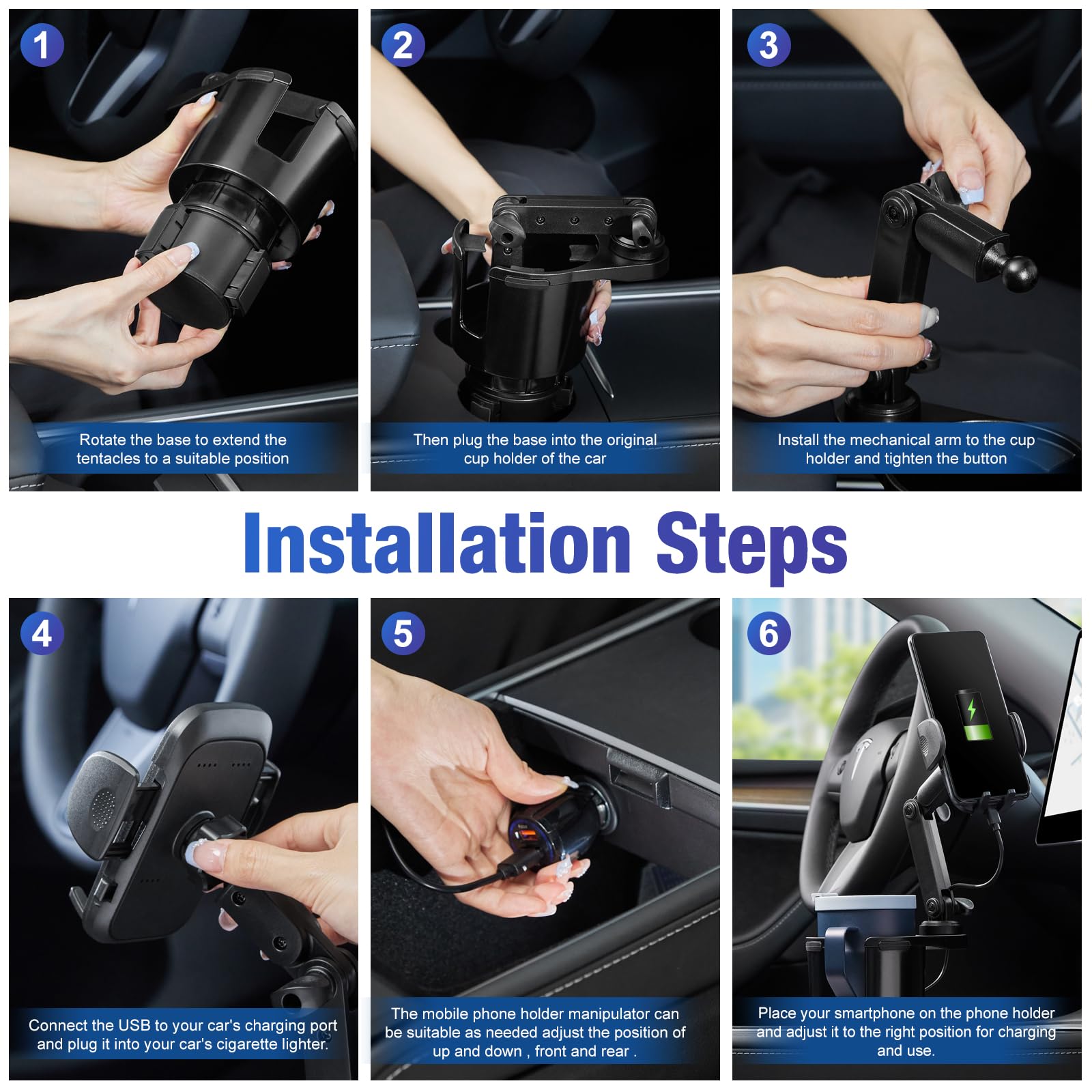 This Hill Cup Holder Phone Charger, 15W Fast Charging Auto Clamping, Phone Holder for Cup Holder Charger with Adjustable Base & 360° Rotation Compatible for All Smartphones(with Car Adapter)