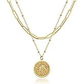 Layered Birth Flower Necklace for Women 18K Gold Plated Double Layered Engraved Custom Floral Pendant Dainty Birth Month Flower Disc Coin Necklaces Personalized Jewelry