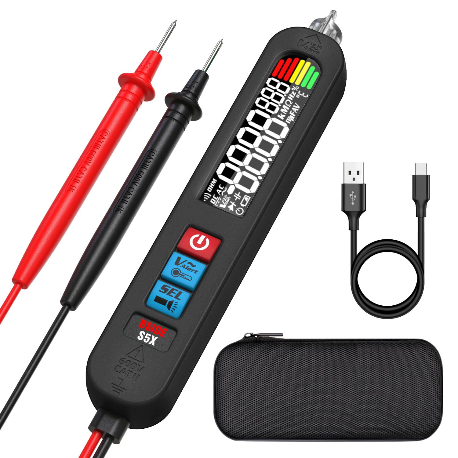 BSIDE S5X Electrical Voltage Tester Rechargeable Digital Multimeter Pen with Large Colour LCD VFD Non Contact Voltage Detector Capacitance Meter Diode Ohm Continuity Tester Live Wire Finder with Case