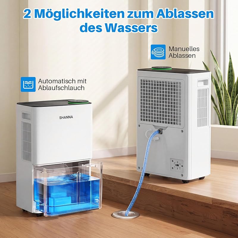 Luftentfeuchter elektrisch 15L/24h, Entfeuchter elektrisch 35dB, Raumentfeuchter für Räume ca. 35m², mit Ablaufschlauch, Timer, für Wohnmobil, Badezimmer, Keller, Kältemittel R290, 10 J. Gar.