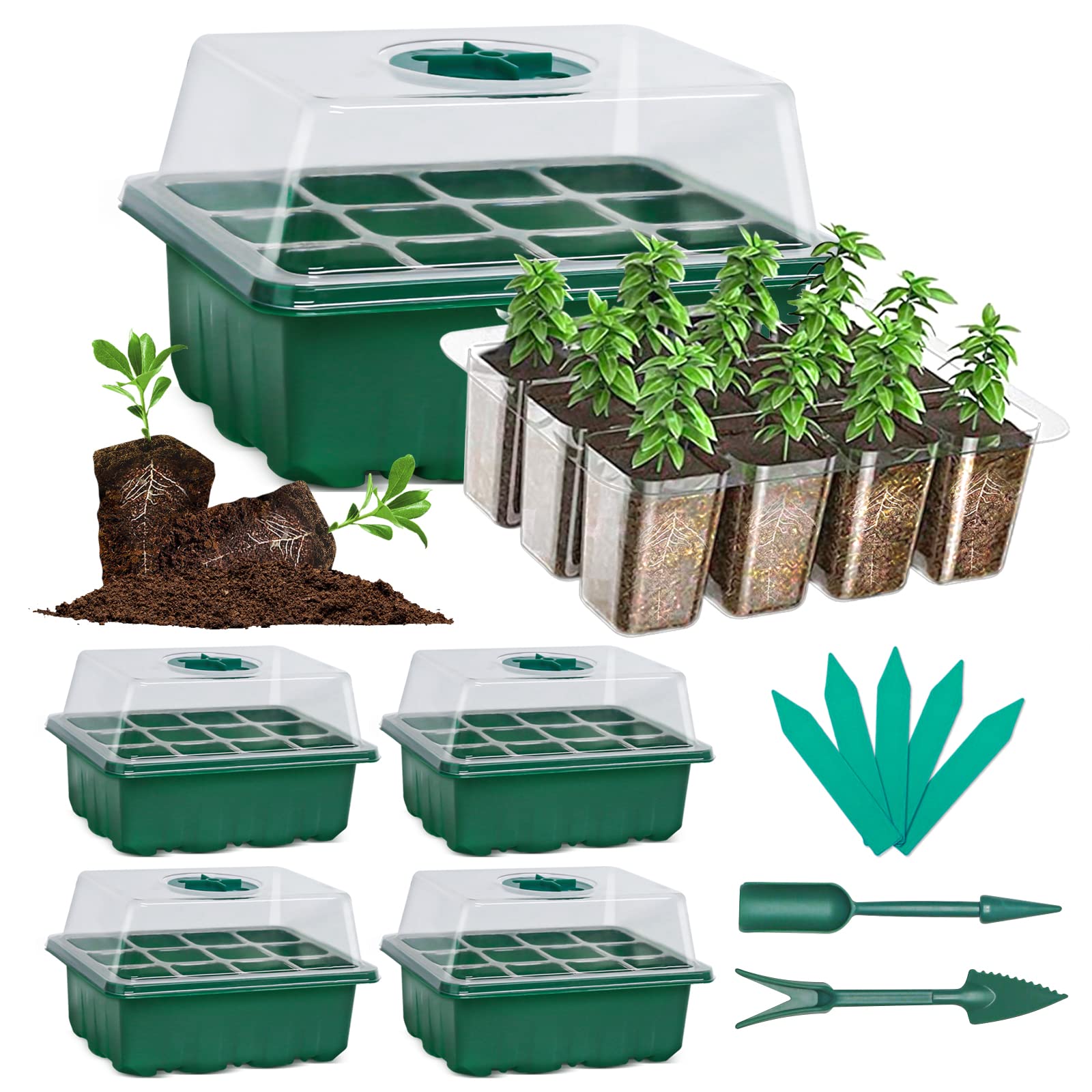 SHEEFLY 5 Set Seed Trays Seedling Starter Tray 60 Cells Humidity Adjustable Plant Starting Kit with Dome and Base Greenhouse Grow Trays Mini Propagator for Garden Seeds Growing with hand Tools Labels