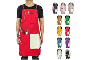 Stenffy Handmade Work Apron, Cotton Canvas, Multiple Pockets, Adjustable Cross Back Weight Apron, BBQ Cafe Kitchen Painting Carpenter Artist Apron, Aprons for Men Women, Sizes M to XXL, Red