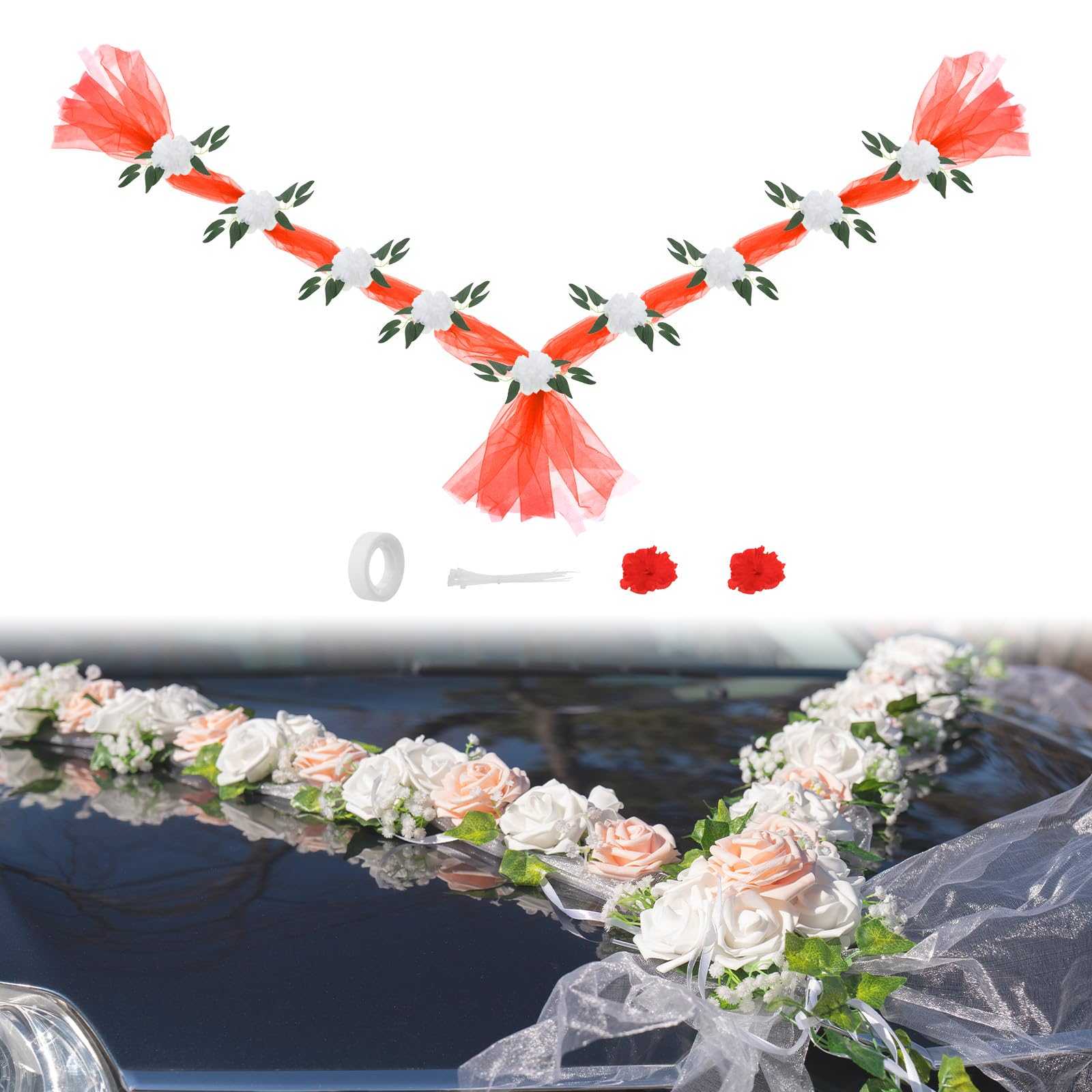 PATIKIL Wedding Car Flower, Artificial Flowers Bouquet Set Wedding Car Decoration for Decoration Handle Ornament Supplies Party, Red, White