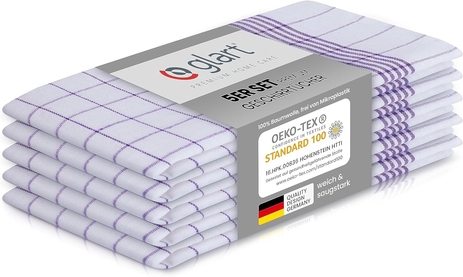 Glart 48KV1 5-piece set of dish towels kitchen towels dish cloths kitchen cloths, 50x70 cm, 100 percent cotton Oeko-TEX, checkered, pre-washed, purple check