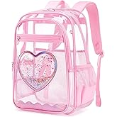 QIXIHU Clear Backpack, Heavy Duty Thick TPU Clear Bookbag, Transparent Bookbag Stadium Events, See Through Large Ergonomic Backpack for School Kids Girls Women Travel Security College Concert, Pink