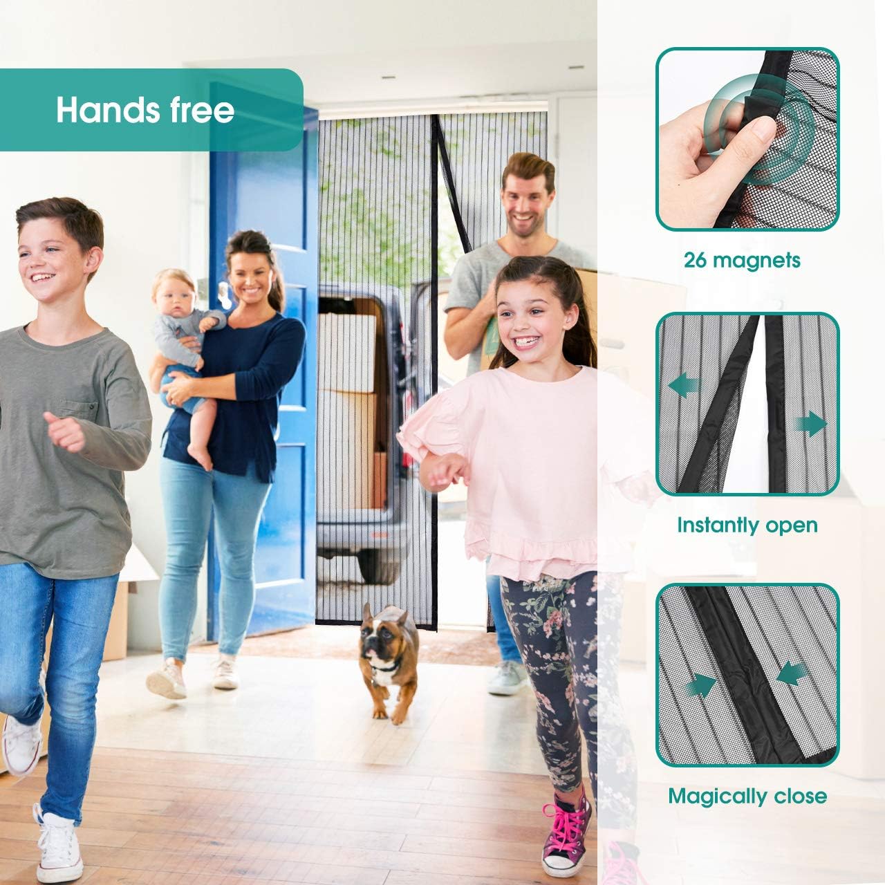 Homitt Magnetic Screen Door with Heavy Duty Mesh Curtain and Full Frame Hook&Loop, Hands Free, Pet and Kid Friendly, 39” x 83”, Black - - 