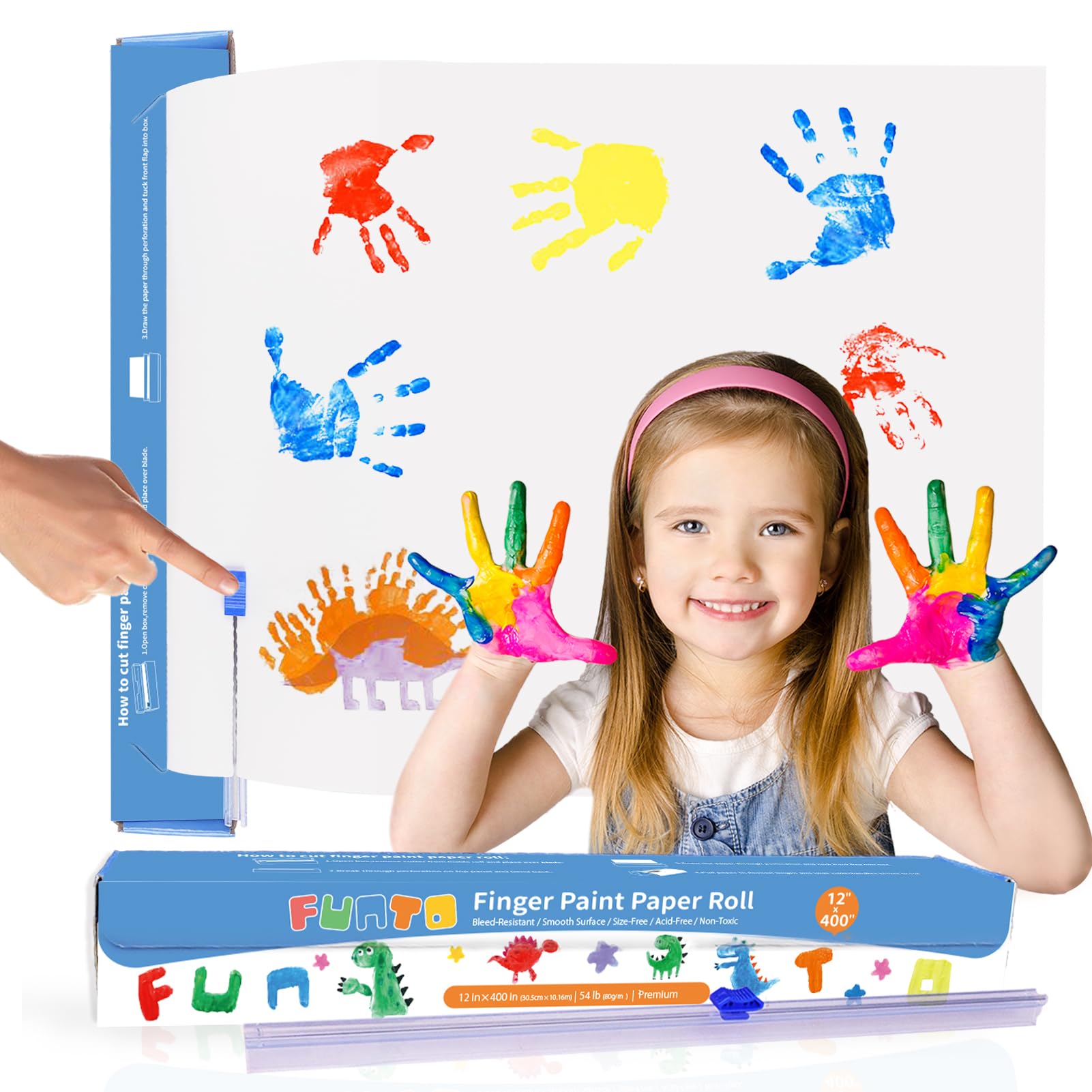 Funto Finger Paint Paper Roll, 12''x400'', Size-Free, White, Large Paint Paper for Toddlers, Art Paper for Kids, Paper for Painting, Easy to Cut