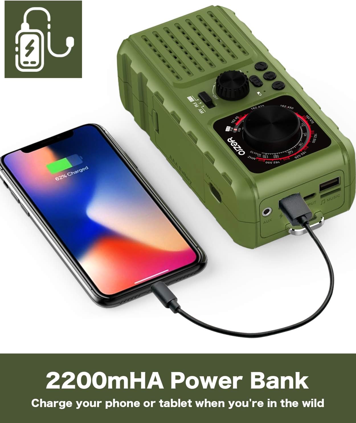 Solar Crank Emergency Radio, YEZRO NOAA/AM/FM Portable Weather Radios with Flashlight, SOS Alarm, USB Phone Charger, MP3 Player, 2200mHA Power Bank for Home Outdoor (Green): Home Audio & Theater