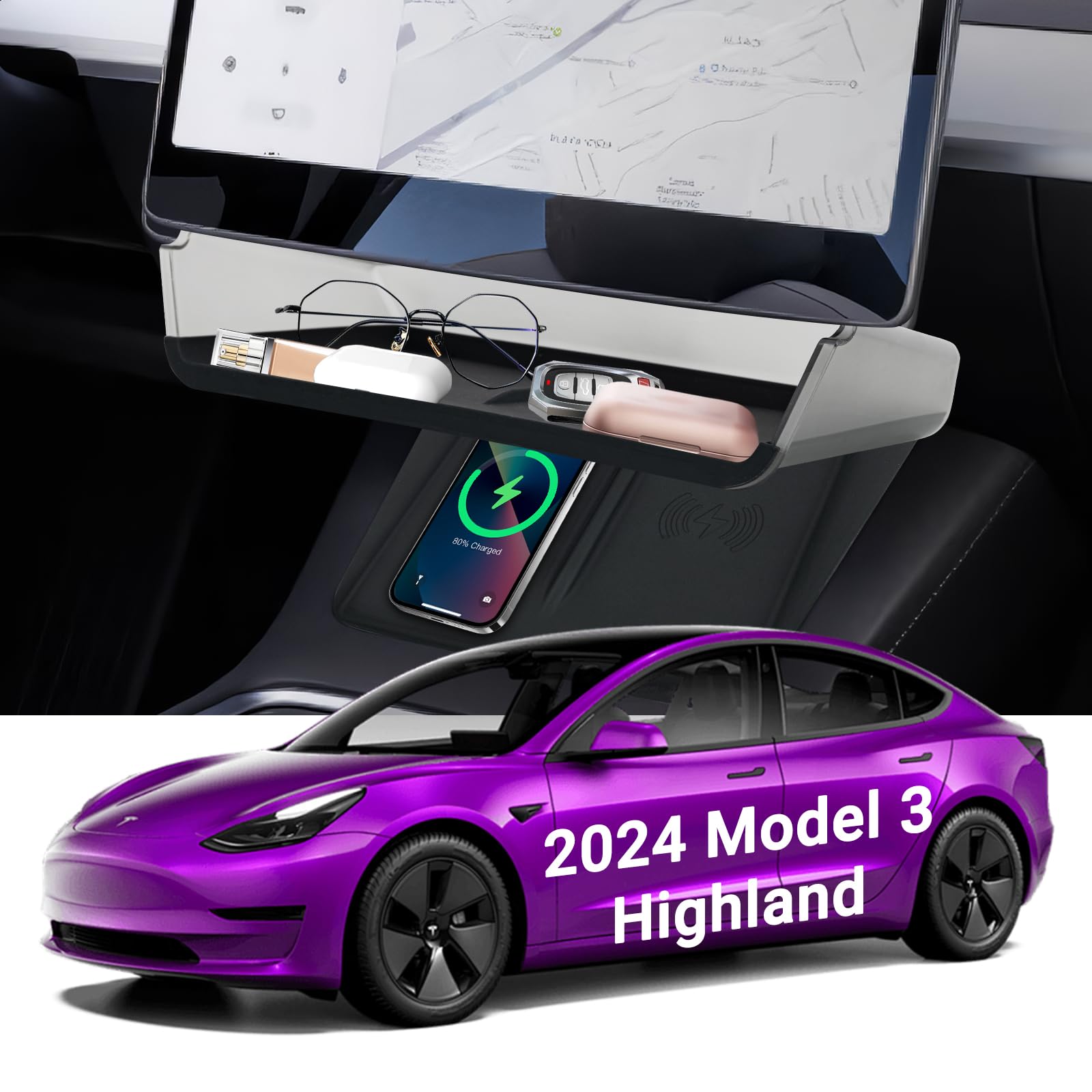 Tappetino In Silicone Bianco Per Console Centrale Tesla Model 3 Highland (post Ott 2023), Antiscivolo Per Ricarica Wireless, Facile Da Pulire