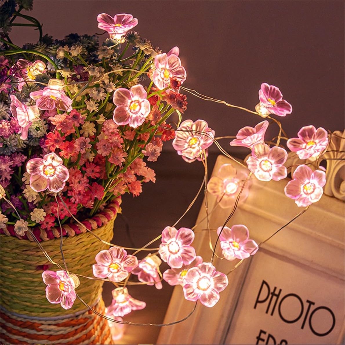 JZK 3m Warm White led Pink Flower String Light Solar Powered Silver Copper Wire Fairy Lights Waterproof Outdoor Garden Decorative Light for Christmas Party Wedding Decoration Bedroom Ornament