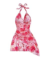 BEAUDRM Women's Floral Print Sleeveless Halter Deep