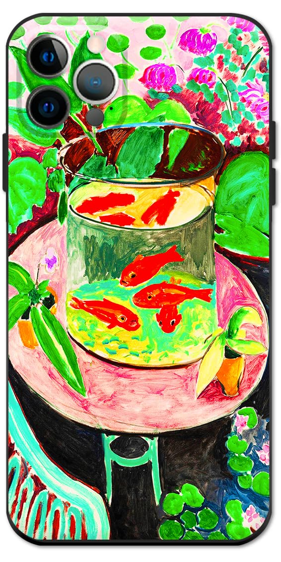 Compatible with iPhone 13 Pro Cute Art Silicone Case with Design for Women Colorful Lucky Koi Fish Water Lily Green Wildflower Botanical Landscape with Screen Protector(Goldfish by Henri Matisse)