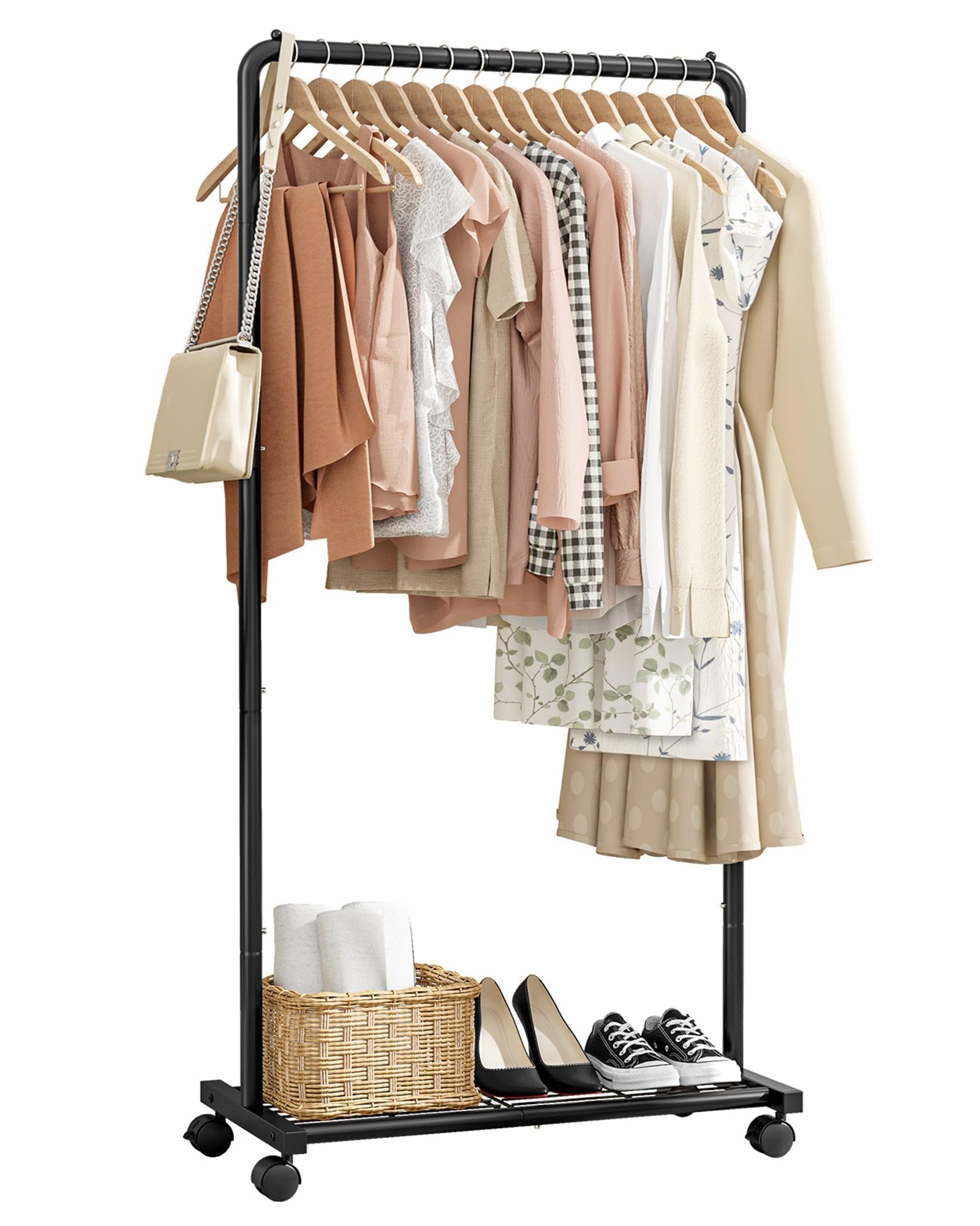 Photo 1 of Sakugi Clothes Rack - Clothing Rack with Storage Mesh Shelf & Casters, Heavy-Duty Metal Clothing Rack for Hanging Clothes, Dresses, Coats, Large Load Capacity, Easy Assembly, Black, 28.0"x16.9"x59.0"