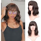 VCKOVCKO Short WaveWigs Natural Brown Wig With Air Bangs Women's Shoulder Length Curly Wavy Synthetic Cosplay Wig for Girl Colorful Wigs(12", Natural Brown)