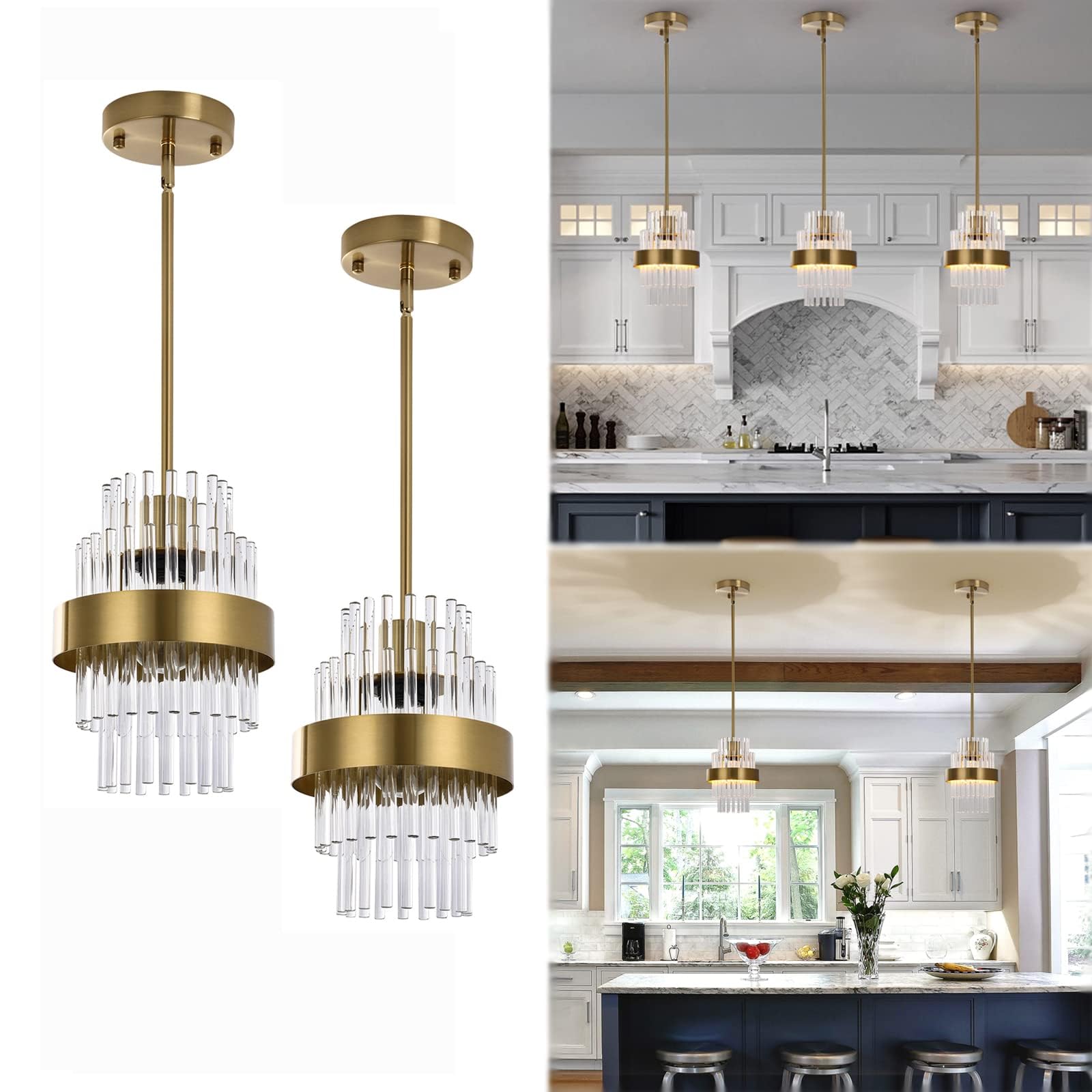 Photo 1 of IkirourI Pendant Light Fixtures, 7inch Modern Glass Pendant Light, 2 Pack Brass Color Kitchen Island Pendant Lights, Height Adjustable Pendant Lighting