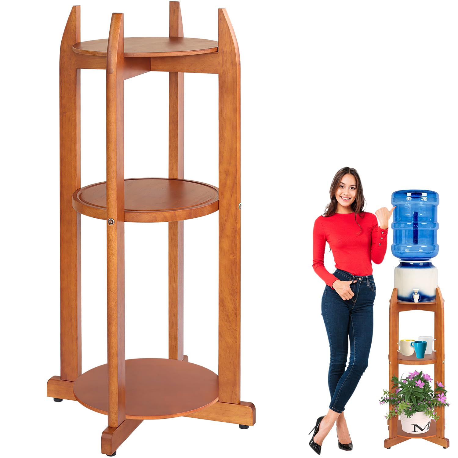 Photo 1 of Natural Solid Wood Water Dispenser Floor Stand (32.8" Hight-11.2" Wide) Drink Dispenser Floor Stand with 3 Round Shelfs Included for 1-5 Gallon Water Bottles/Crocks, Water Jug (Light Brown Color)