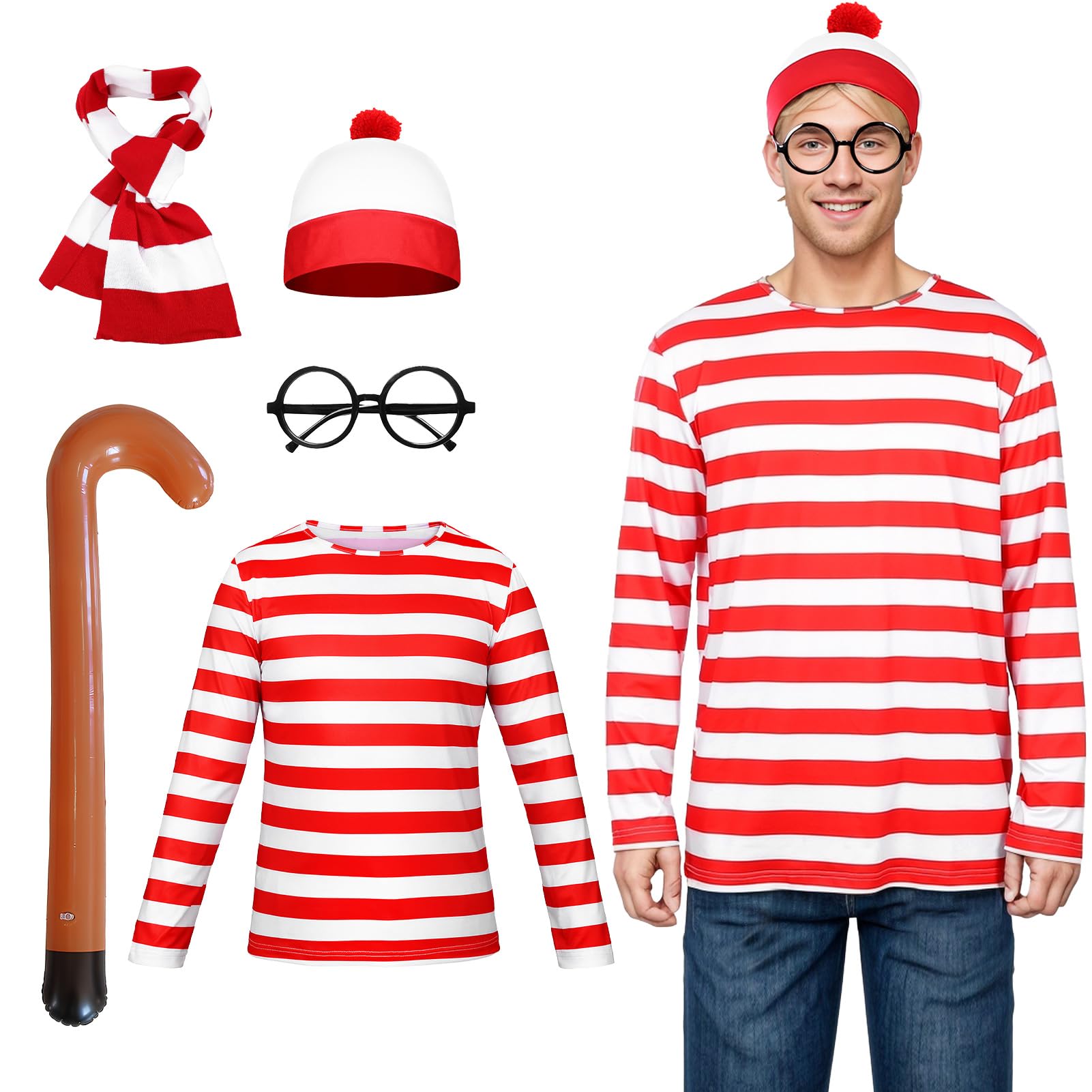 Suffolly Red and White Striped T Shirt Set for Adult 5PCS Wally Costume Hat T-shirt Cane Scarf Glasses Costume Set 90s 80s Fancy Dress Halloween Costumes for Men Women (Men, S) — image 1