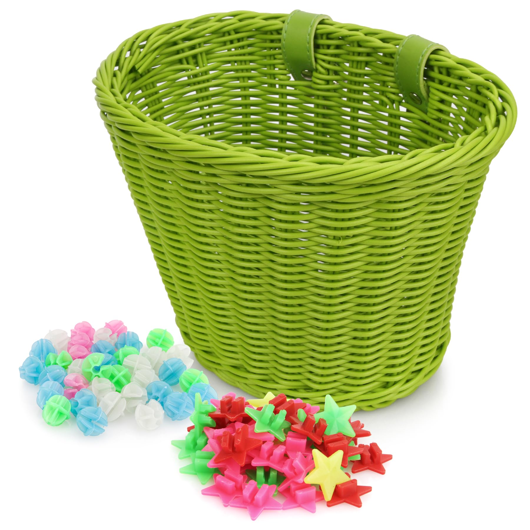 Spesh Kids Bike Basket, Wicker Basket for Kids Bike Boys Girls Bike Baskets Front with 72 Pcs Bike Spoke Beads Bicycle Accessories for Kids Bike(Green)