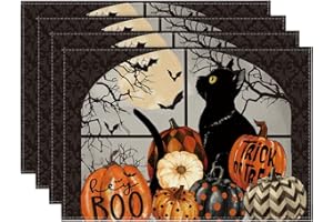 Artoid Mode Boo Black Cat Pumpkins Halloween Placemats Set of 4, Trick Or Treat 12x18 Inch Seasonal Fall Holiday Table Mats for Party Kitchen Dining Decoration