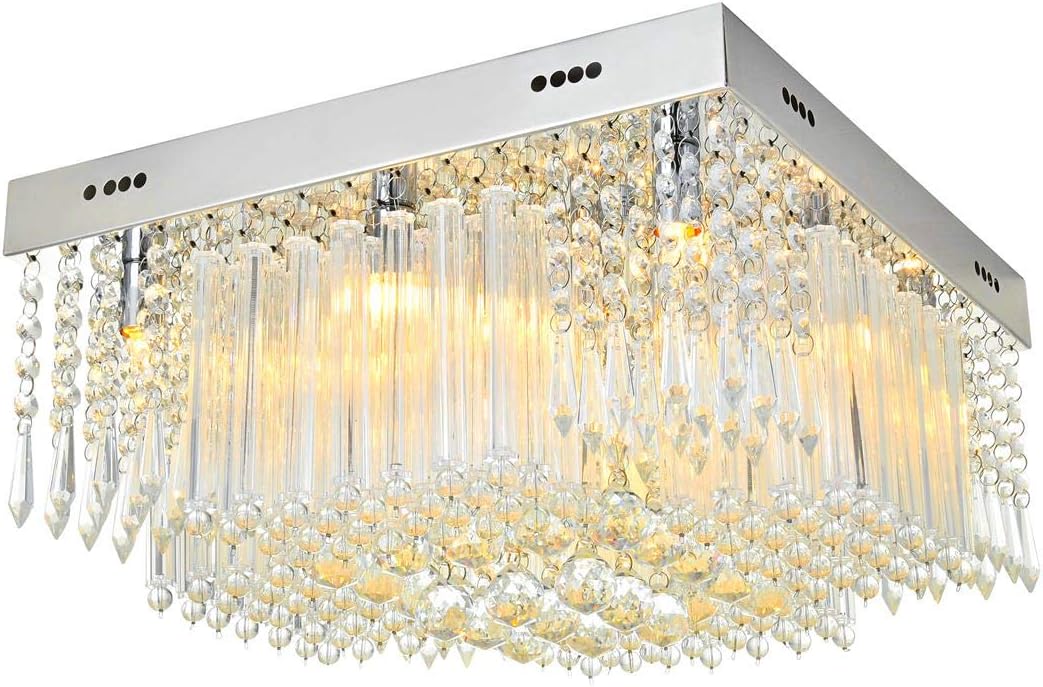 Modern Clear K9 Crystal Square Raindrop Chandelier Lighting Flush Mount LED Ceiling Light Fixture Lamp for Dining Room Bathroom Bedroom Livingroom 12 G9 Bulbs Required H10in X D16in