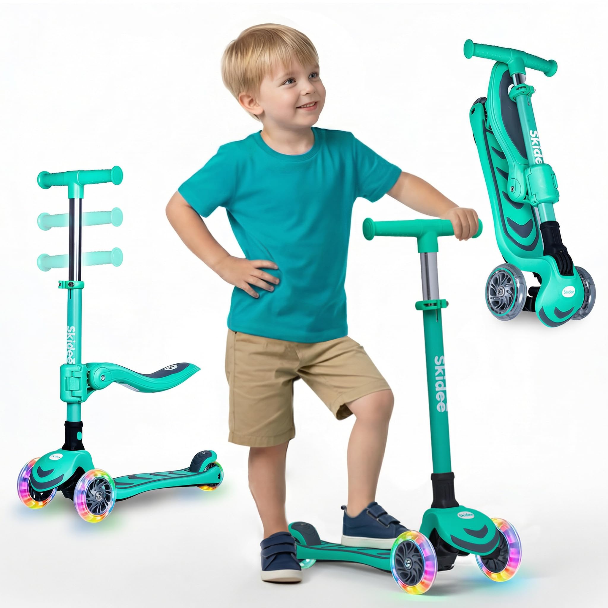 SKIDEE Kick Scooter for Kids 3-5 | Foldable 3 Wheel Scooter with Lean-to-Steer, Adjustable Height, Removable Seat & LED Light Wheels | Toddler Scooter for 3 to 12 Year Old Boys/Girls Image