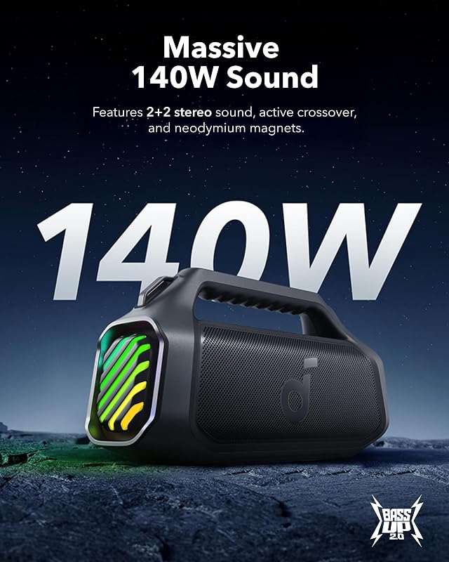 Soundcore boom 2 plus potente alto-falante bluetooth, 140 w com 2 + 2 canais estéreo, bassup 2.0, carregamento rápido de 30 w, 20 h de autonomia, ipx7, flutuante, luzes rgb, usb-c, equalizador personalizado, bluetooth 5.3