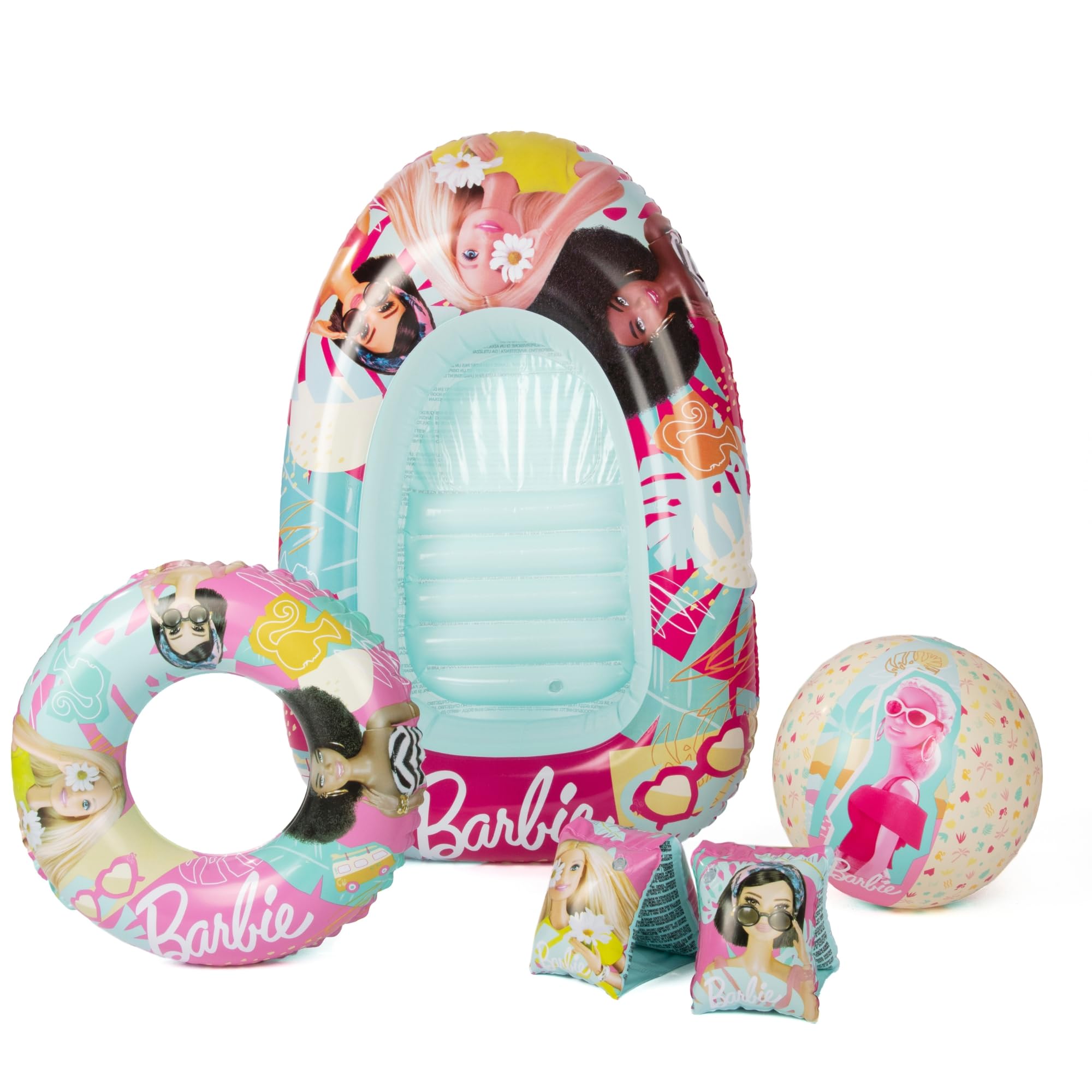 Barbie Inflatable Swim Set | Arm Bands, Swim Ring, Beach Ball & Inflatable Boat | Portable Holiday Swimming Pool Beach Swim Set | Summer Pool Party For Kids | 3+