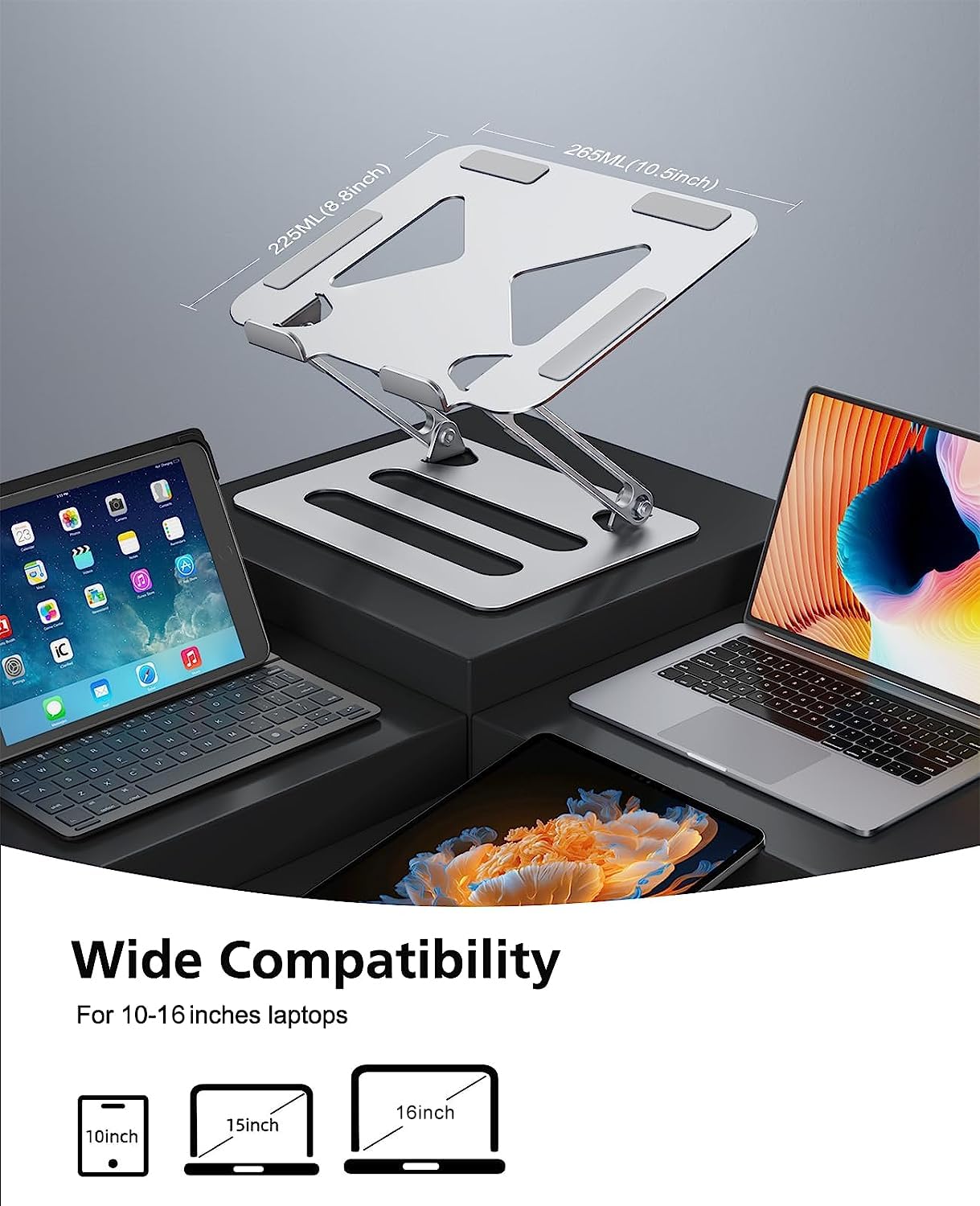 Soqool Adjustable Laptop Stand, Foldable Laptop Stand for Desk, Ventilated Aluminum Portable Laptop Riser, Notebook Computer Ergonomic Laptop Holder for MacBook Pro Air/HP/Dell (10-16'') Silver