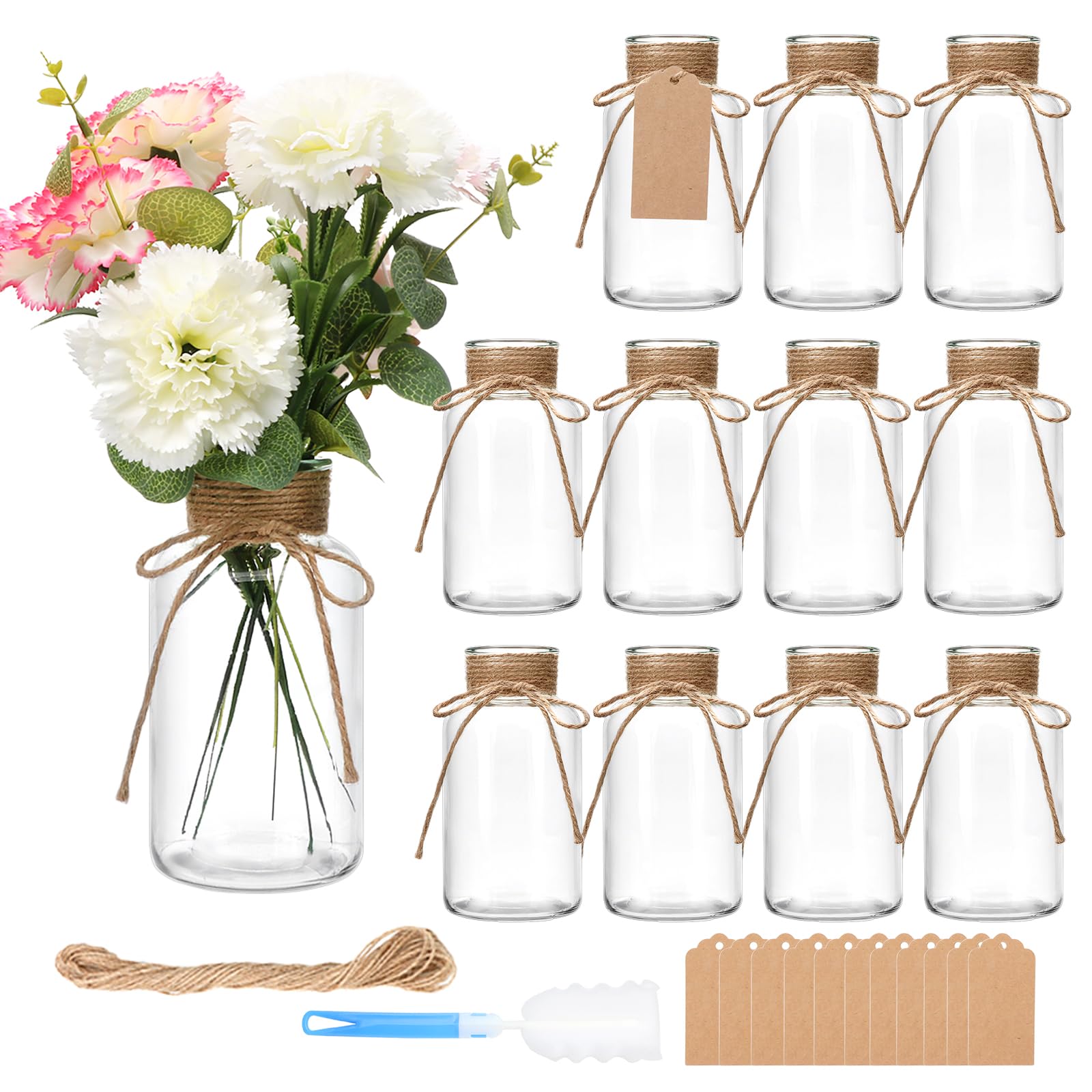Photo 1 of 12 Pack Glass Flower Vases with Rope,Brajttt Vintage Bud Vases in Bulk,Mason Jars for Centerpieces,Flower Vase for Centerpieces and Tag for Weddings,Home Decor & DIY Projects