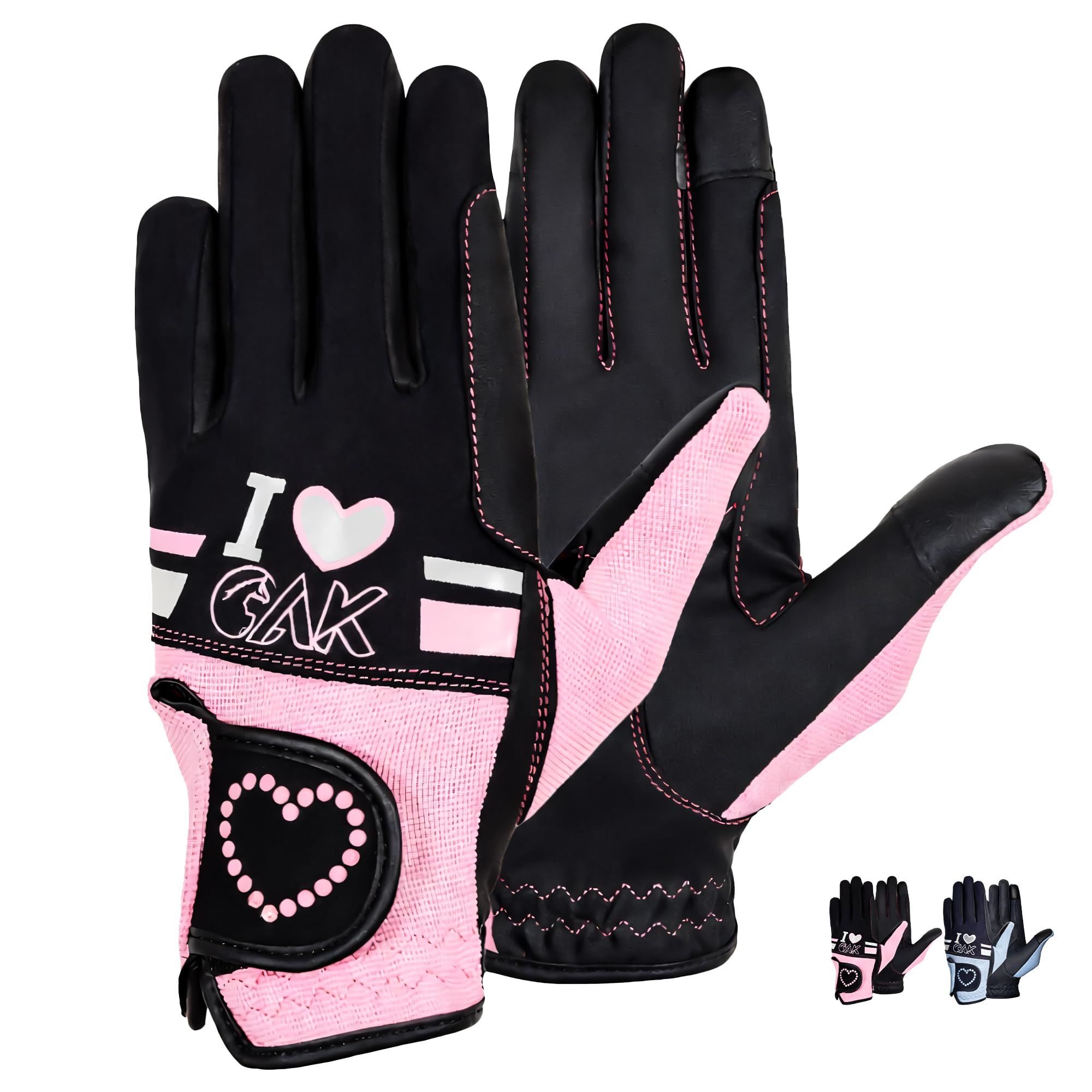 AK Love Horse Riding Gloves Ladies, Men & Kids Equestrian Gloves For All Season (Black/Pink, XL)