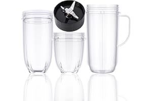 LVAINIT 4-piece MB Blender Replacement Set 22oz Tall Mug Cup 16oz Cup 12oz Short Cup and Cross Blade Replacement Parts Compatible with Magic Bullet 250 watt Blenders Mb1001 Series